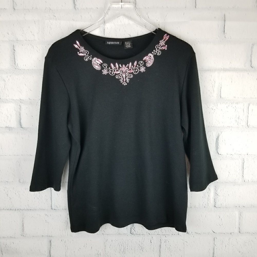 Ladies Club Black Knit Top. Size XL.